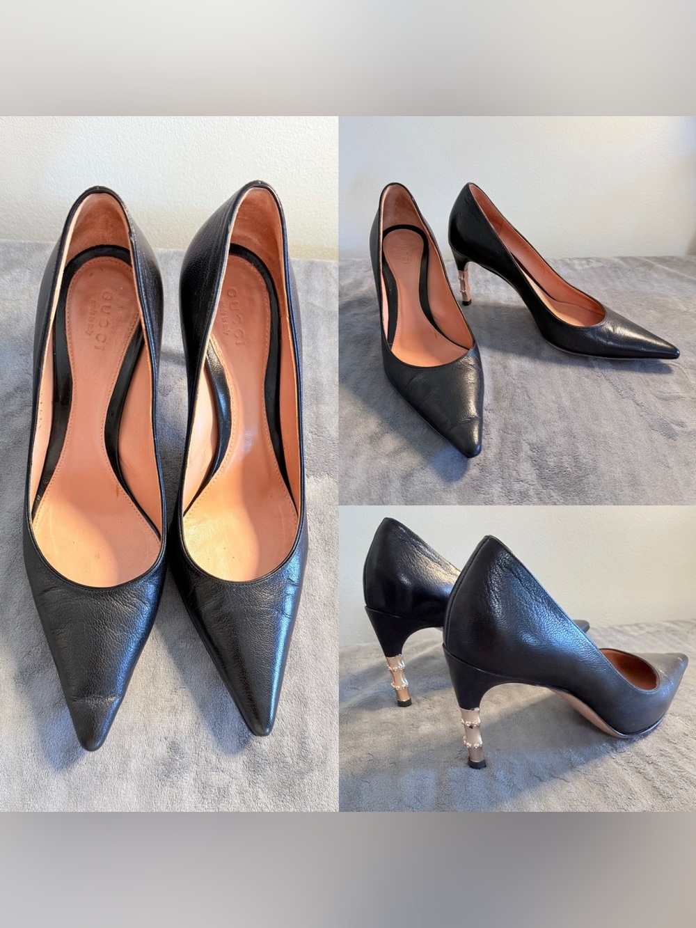 Gucci Black Leather Pointed Toe Pumps with Gold Accent Heels Size 5.5